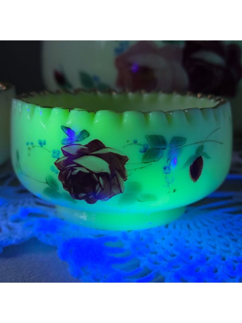Antique Jefferson Optic Custard Glass Berry Bowl Set 7 Pc Hand Painted Roses Gol - Picture 4 of 15